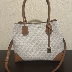 Michael Kors White and Tan Satchel with Leather Accents
